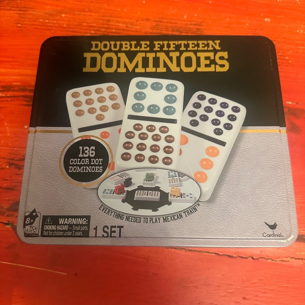 Cardinal Double Fifteen Dominoes 136 Color Dot Set Mexican Train Tin Flawed Read